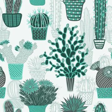 Seamless pattern with succulents cacti plant and cactuses in pots Stock Illustration