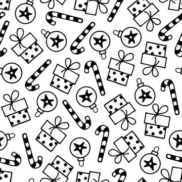 Seamless pattern with Sugar cane, gift box, christmas ornament. Design for Merry Stock Illustration