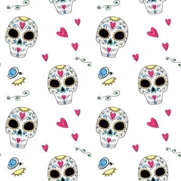 Seamless pattern of Sugar Skull, abstract flowers, hearts and butterfly. Dia de Illustrazione stock