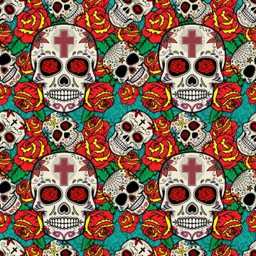 Seamless pattern with sugar skulls and roses. Day of the Dead. Stock Illustration