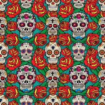 Seamless pattern with sugar skulls and roses. Day of the Dead. Illustrazione stock