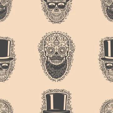 Seamless pattern with sugar skulls. Design element for poster, card, banner,  Stock Illustration