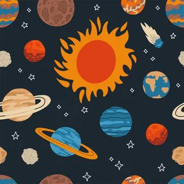 Seamless pattern with sum and planet of solar system in galaxy. Celestial Illustrazione stock