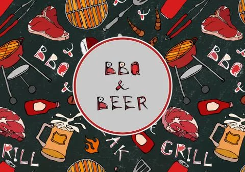 Seamless Pattern of Summer BBQ and Beer Party. Steak, Sausage, Barbeque Grid, Illustrazione stock