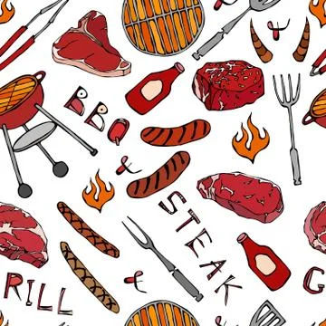 Seamless Pattern of Summer BBQ Grill Party. Steak, Sausage, Barbeque Grid, To Illustrazione stock