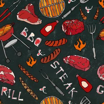 Seamless Pattern of Summer BBQ Grill Party. Steak, Sausage, Barbeque Grid, To Stock Illustration