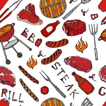 Seamless Pattern of Summer BBQ Grill Party. Beer Can, Bottle and Mug, Steak,  Stock Illustration
