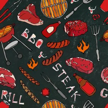 Seamless Pattern of Summer BBQ Grill Party. Steak, Sausage, Barbeque Grid, To 스톡 일러스트