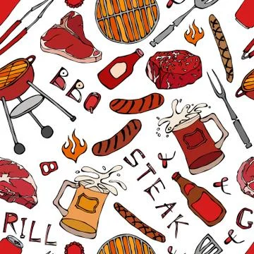 Seamless Pattern of Summer BBQ Grill Party. Steak, Sausage, Barbeque Grid, To 스톡 일러스트