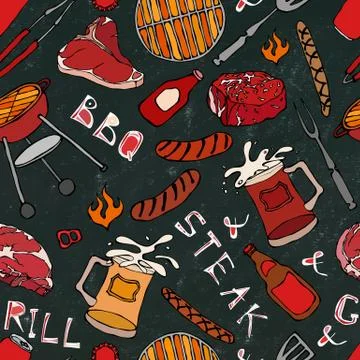 Seamless Pattern of Summer BBQ Grill Party. Steak, Sausage, Barbeque Grid, To 스톡 일러스트