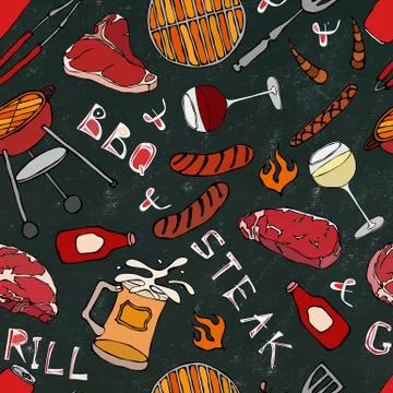 Seamless Pattern of Summer BBQ Grill Party. Glass of Red, White VineSteak, Sa Illustrazione stock