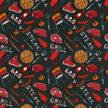 Seamless Pattern of Summer BBQ Grill Party. Steak, Sausage, Barbeque Grid, To Illustration
