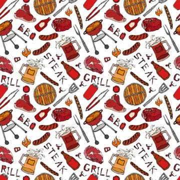 Seamless Pattern of Summer BBQ Grill Party. Steak, Sausage, Barbeque Grid, To Stock Illustration