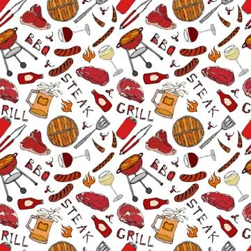 Seamless Pattern of Summer BBQ Grill Party. Glass of Red, White VineSteak, Sa Stock Illustration
