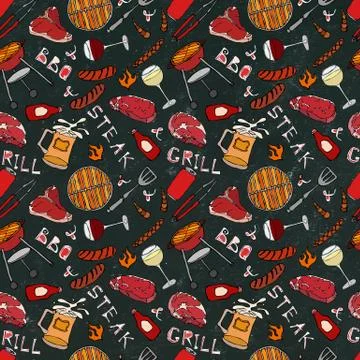 Seamless Pattern of Summer BBQ Grill Party. Glass of Red, White VineSteak, Sa Stock Illustration