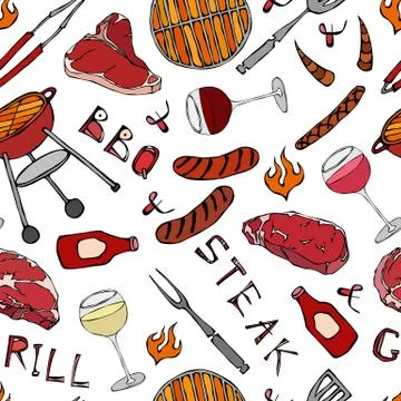 Seamless Pattern of Summer BBQ Grill Party. Glass of Red, Rose and White Vine 스톡 일러스트