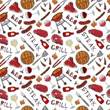 Seamless Pattern of Summer BBQ Grill Party. Glass of Red, Rose and White Vine Stock Illustration