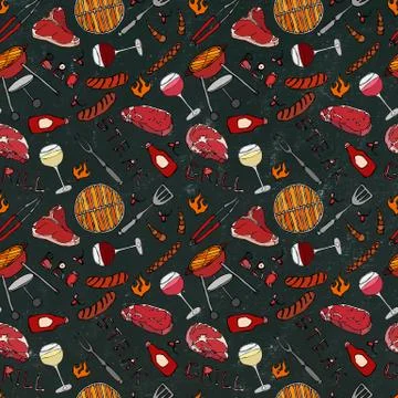 Seamless Pattern of Summer BBQ Grill Party. Glass of Red, Rose and White Vine Stock Illustration