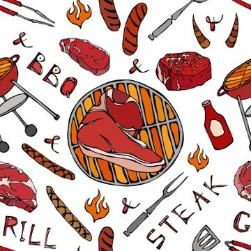 Seamless Pattern of Summer BBQ Grill Party. Big Porterhouse Steak, Sausage, B Illustration