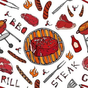 Seamless Pattern of Summer BBQ Grill Party. Big Filet Mignon Steak, Sausage,  스톡 일러스트