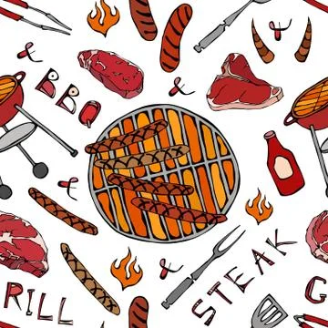 Seamless Pattern of Summer BBQ Grill Party. Big Sausages, Barbeque Grid, Tong Illustration