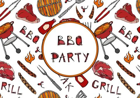 Seamless Pattern of Summer BBQ Grill Party. Steak, Sausage, Barbeque Grid, To Illustration