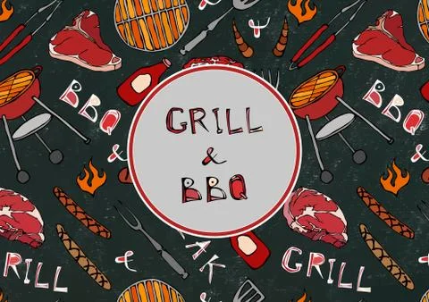 Seamless Pattern of Summer BBQ Grill Party. Steak, Sausage, Barbeque Grid, To Stock Illustration