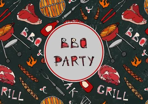 Seamless Pattern of Summer BBQ Grill Party. Steak, Sausage, Barbeque Grid, To Illustration
