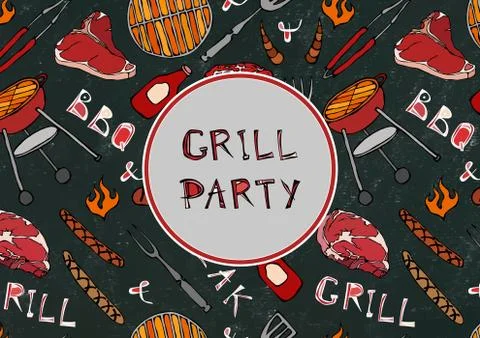Seamless Pattern of Summer BBQ Grill Party. Steak, Sausage, Barbeque Grid, To Illustration