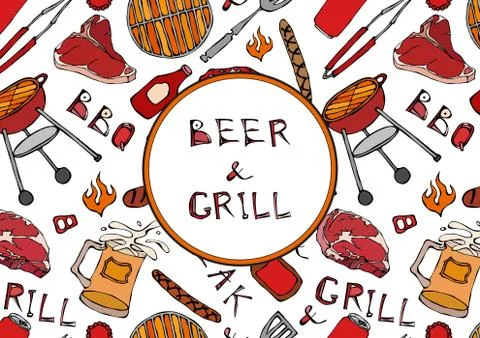 Seamless Pattern of Summer BBQ Grill Party. Beer, Steak, Sausage, Barbeque Gr Stock Illustration