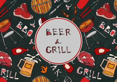 Seamless Pattern of Summer BBQ Grill Party. Beer, Steak, Sausage, Barbeque Gr Stock Illustration