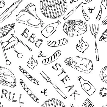 Seamless Pattern of Summer BBQ Grill Party. Steak, Sausage, Barbeque Grid, To Stock Illustration