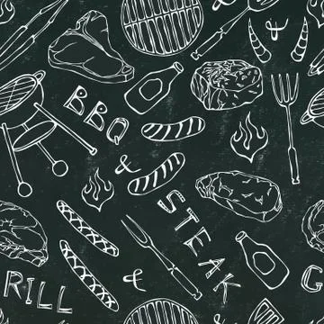 Seamless Pattern of Summer BBQ Grill Party. Steak, Sausage, Barbeque Grid, To 스톡 일러스트