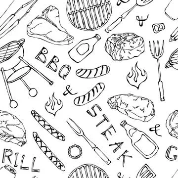 Seamless Pattern of Summer BBQ Grill Party. Beer Can, Bottle and Mug, Steak,  스톡 일러스트