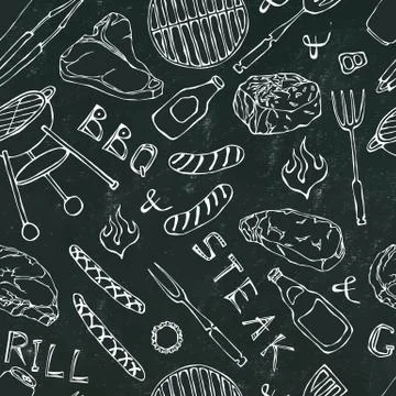 Seamless Pattern of Summer BBQ Grill Party. Steak, Sausage, Barbeque Grid, To Illustrazione stock