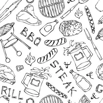 Seamless Pattern of Summer BBQ Grill Party. Steak, Sausage, Barbeque Grid, To Illustration