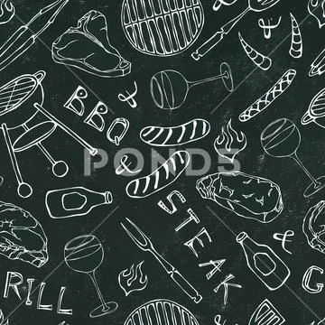Seamless Pattern of Summer BBQ Grill Party. Glass of Red, Rose and White Vine Stock Illustration