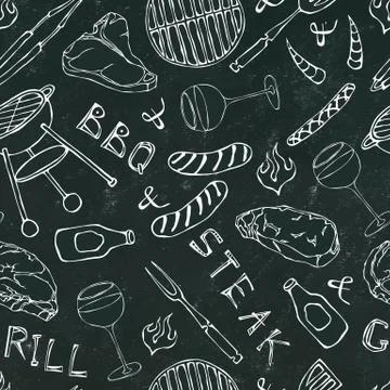 Seamless Pattern of Summer BBQ Grill Party. Glass of Red, Rose and White Vine Stock Illustration