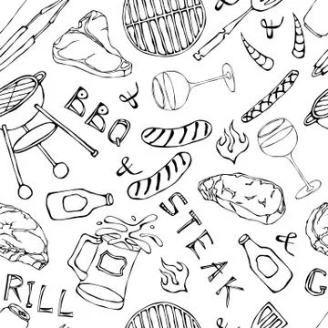 Seamless Pattern of Summer BBQ Grill Party. Glass of Red, White VineSteak, Sa Illustrazione stock