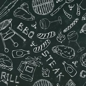 Seamless Pattern of Summer BBQ Grill Party. Glass of Red, White VineSteak, Sa Illustration