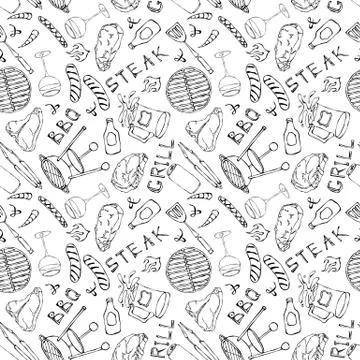 Seamless Pattern of Summer BBQ Grill Party. Steak, Sausage, Barbeque Grid, To Stock Illustration