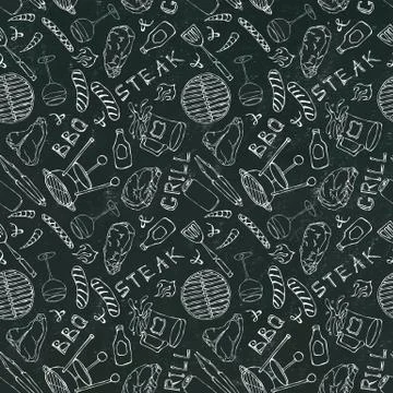 Seamless Pattern of Summer BBQ Grill Party. Steak, Sausage, Barbeque Grid, To 스톡 일러스트