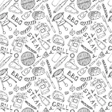 Seamless Pattern of Summer BBQ Grill Party. Steak, Sausage, Barbeque Grid, To Stock Illustration