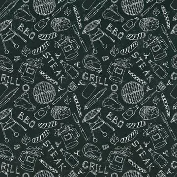 Seamless Pattern of Summer BBQ Grill Party. Steak, Sausage, Barbeque Grid, To Stock Illustration