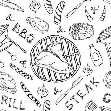 Seamless Pattern of Summer BBQ Grill Party. Big T-Bone Steak, Sausage, Barbeq Stock Illustration