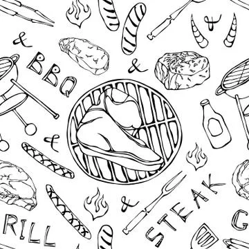 Seamless Pattern of Summer BBQ Grill Party. Big Porterhouse Steak, Sausage, B Illustrazione stock