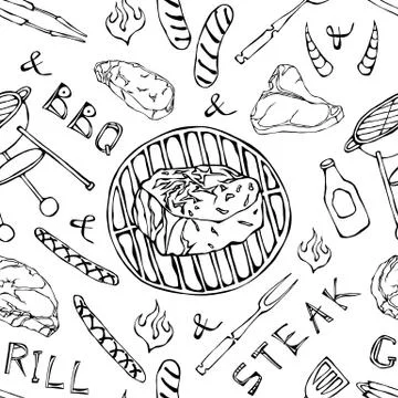 Seamless Pattern of Summer BBQ Grill Party. Big Filet Mignon Steak, Sausage,  Illustration