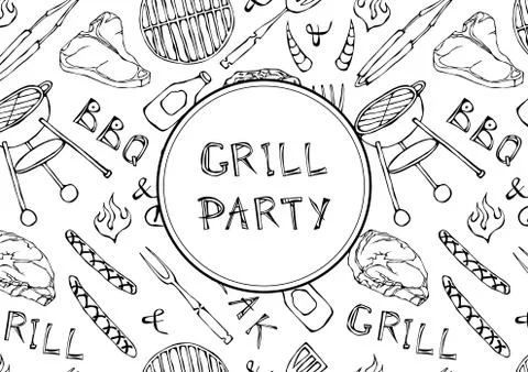 Seamless Pattern of Summer BBQ Grill Party. Steak, Sausage, Barbeque Grid, To Stock Illustration