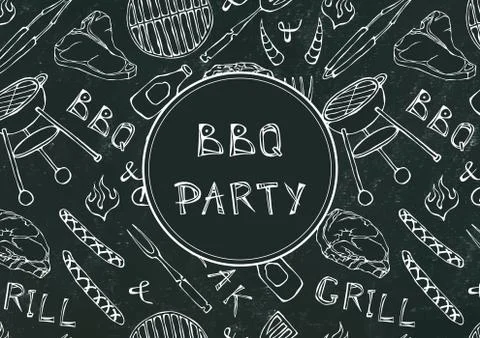 Seamless Pattern of Summer BBQ Grill Party. Steak, Sausage, Barbeque Grid, To Stock Illustration