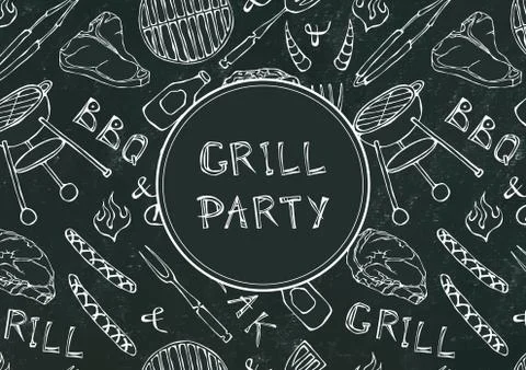 Seamless Pattern of Summer BBQ Grill Party. Steak, Sausage, Barbeque Grid, To Illustration